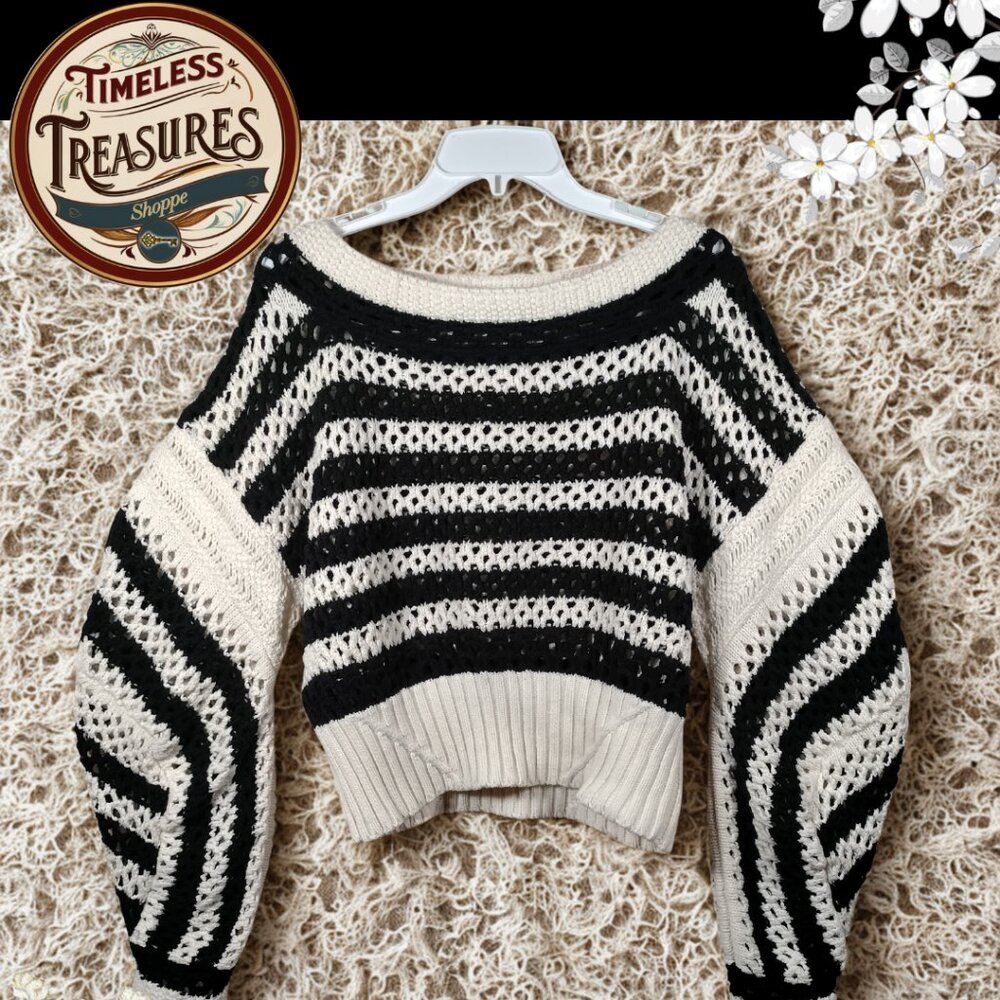 ZARA LIMITED EDITION Striped OPENWORK KNIT Boho Sweater BLACK & WHITE Size L